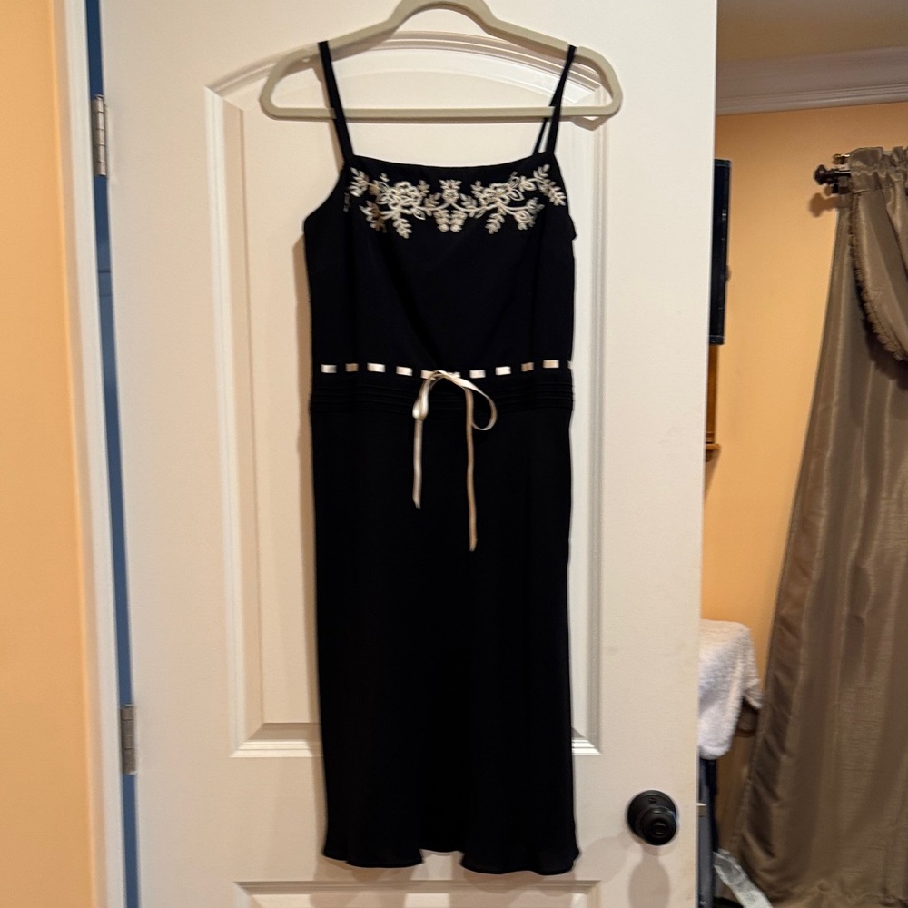 LOFT Black Midi Dress with Cream Floral Detail